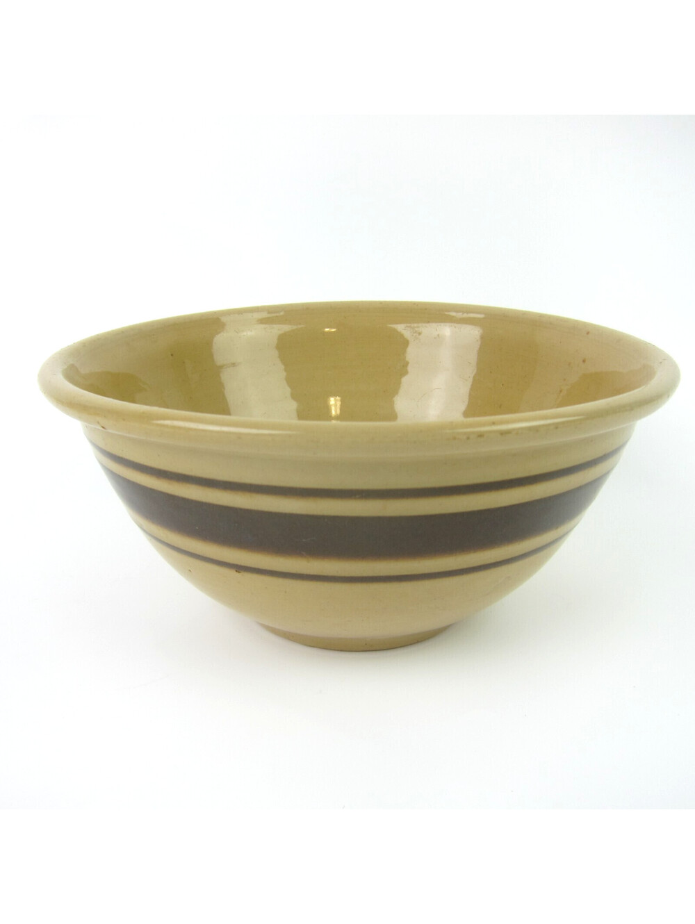 Antique Yellow Ware Mixing Bowl Brown Stripes 7" Footed Stoneware Banded 1920s